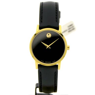 Movado Museum Classic; Verguld dameshorloge met zwarte ‘Mother of Pearl’ wijzerplaat; 0607564