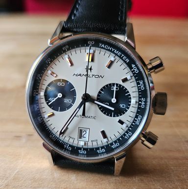 TK: Hamilton American Classic Collection chronograaf, panda dial, uit 2021, full set, als nieuw.