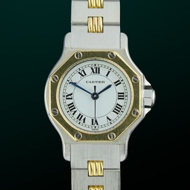 Vintage Cartier Santos Octagon Automatic 18k Bezel 0907 - 25mm - 1990s + Box Papers