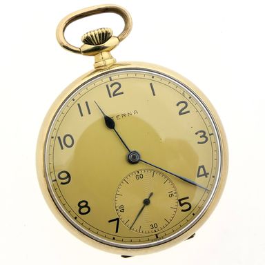 Eterna 14k. gouden zakhorloge 1949; Kon. Weefgoederen fabriek C.T. Stork