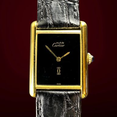 Vintage Cartier Tank Vermeil Le Must LM Large Black dial  23,5mm 1990s with Card