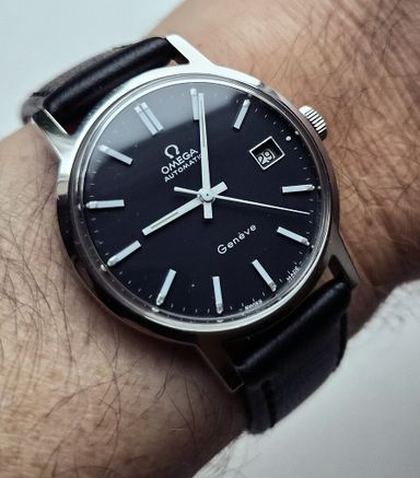 Prachtige '70s Omega Geneve Automatic-compleet geserviced - Zwarte Wijzerplaat - Ref.166.0098